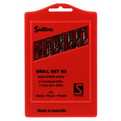 SUTTON DRILL SET HSS S2 21 PIECE 1/16-3/8x64ths