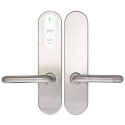 SALTO XS4 Original+ Escutcheon, Mifare BLE, ANSI 67mm Wide Body U Handle, Satin Stainless Steel, White Reader, 37-43mm Door, 7.6mm Spindle, Outdoor IP56