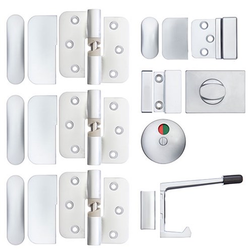 Metlam Partition Hardware Kit RH Hold Open with 3 Hinges, Lock, Staple & Coat Hook Satin Chrome Pearl Concealed Fixings - 106C, 300_LOCK, 101C, 202C
