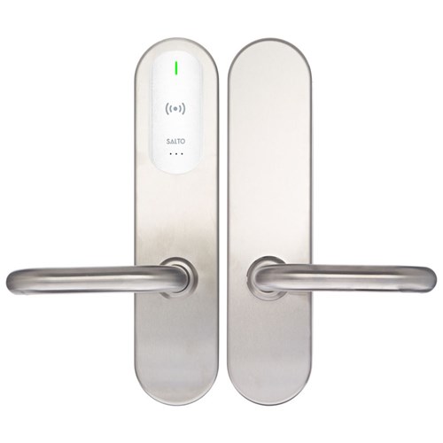 SALTO XS4 Original+ Escutcheon, Mifare BLE, ANSI 67mm Wide Body U Handle, Satin Stainless Steel, White Reader, 37-43mm Door, 7.6mm Spindle, Outdoor IP56