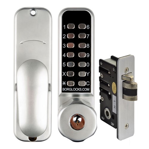 Borg Mechanical Digital Door Lock with Knob Key Override Holdback and 28mm Mortice Latch Satin Chrome - BL2702SCECP