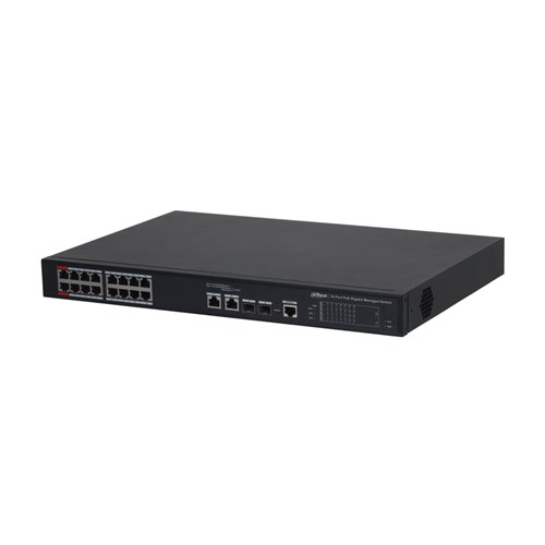 DAHUA 18-Port gigabit ethernet switch, 16 port PoE, 2 uplink gigabit combo ports, 240W, 3YR (DH-PFS4218-16GT2GF-240)